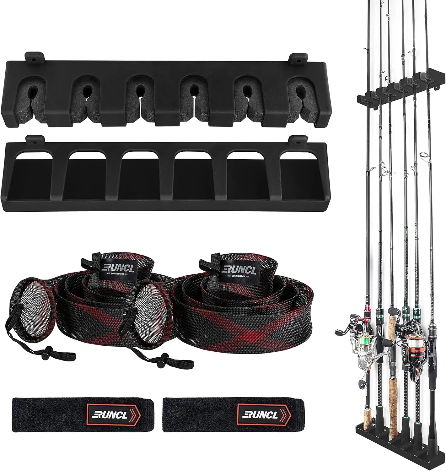 RUNCL Fishing Rod Holder, Rod Sleeve, and Rod Strap Kit, Wall Mounted Vertical Fishing Rod Rack, Fishing Pole Holders Hold Up to 6 5-11mm Rods, Fishing Rod Storage Combo Set