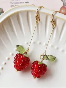 Women's Raspberry Strawberry Tassel Earrings, Fresh & Sweet Design, Fruit Theme, Dainty Fashion Jewelry, Trendy Jewelry, Fashionable & Luxurious Accessory, Perfect Gift Idea