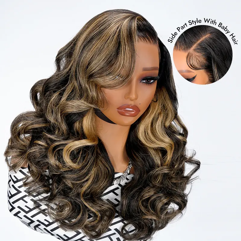 [New In] Wiggins Hair Stylist Side Part Wigs 13x4 Lace Ombre Blonde Highlight Glueless Wigs Human Hair Pre Cut Lace Front Wig Ocean Wave Glueless Wigs Ready To Wear