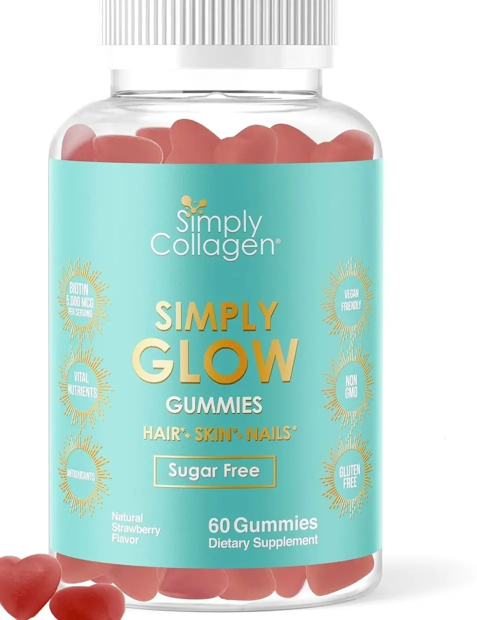 Simply Collagen® Simply Glow Hair, Skin & Nails Gummies – Vegan, Sugar-Free, Gluten-Free – Biotin 5000 mcg – Hair Gummies for Women & Men – 60 Count