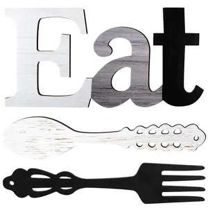 Set of Eat Sign, Fork and Spoon Wall Decor, Rustic Wood Decoration, Cute Eat Letters for Kitchen and Home, Decorative Hanging Wooden Letters, Country Wall Art for Room (Stylish Colors)