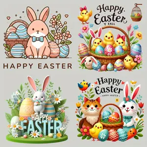 4-Piece Easter Bunny and Egg Iron-On Transfer Stickers - Vinyl Heat Press Stickers for T-Shirts, Fabrics, DIY Crafts - DTF Transfer Paper with Bunny, Chick, and Egg Designs.
