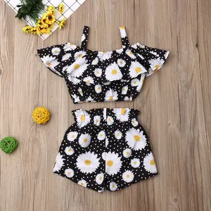 Toddler Baby Girl 2-Piece Clothing Merch, Floral Ruffle Sleeveless Off-Shoulder Crop Top with Flower Straps + Cotton Blend Elastic-Band Shorts tiktokshopspringglowup