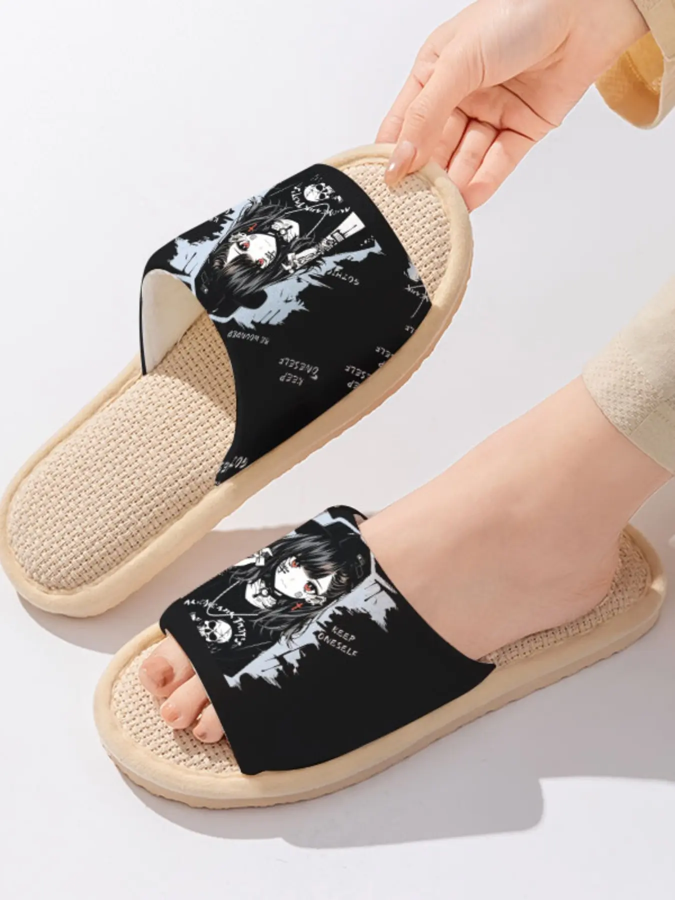 Dark Anime Girl Skull Slogan Print | Y2K Dark Edgy Cute Style 1 Pair Linen Breathable Non-Slip Indoor & Outdoor Slippers For Subculture Fans & Trendy Youth (Spring & Summer)