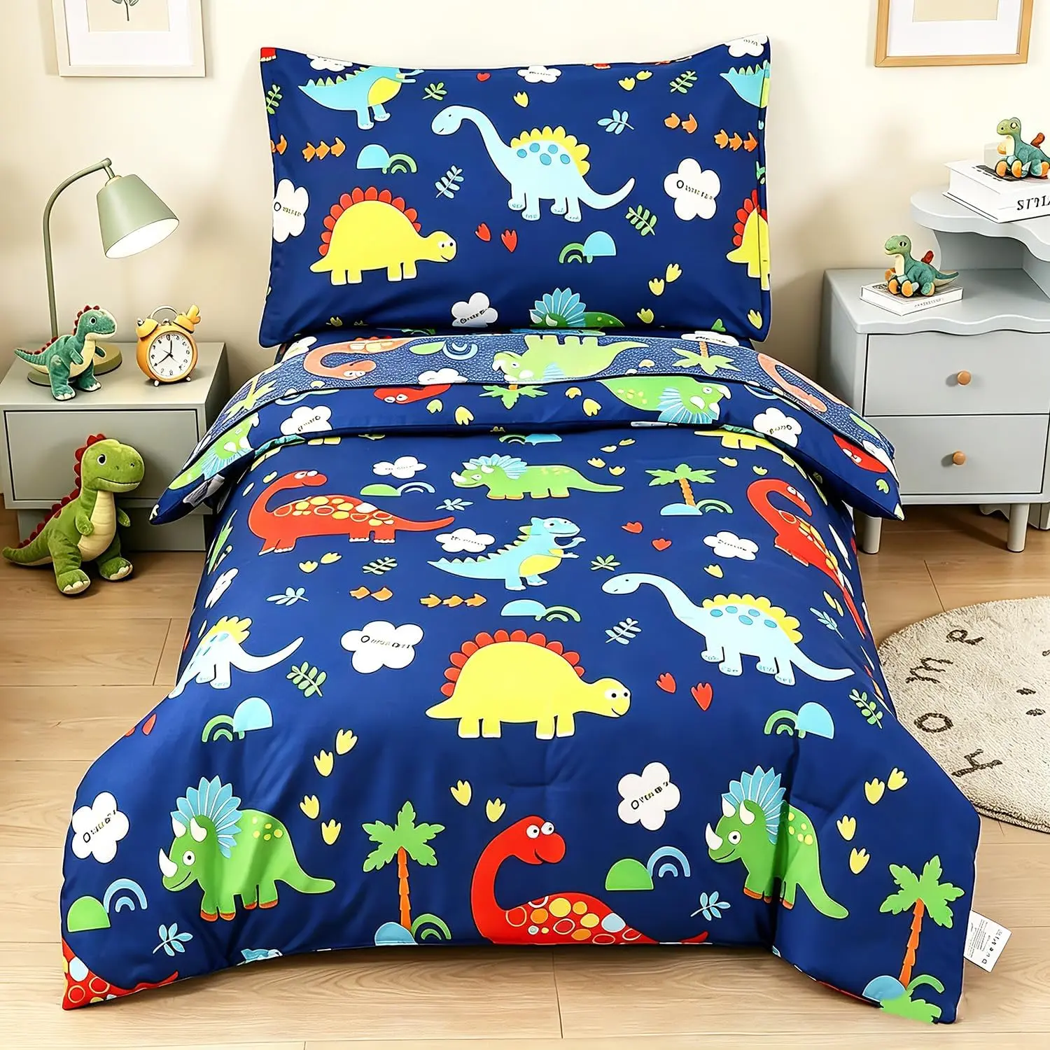 4 Piece Toddler Bedding Set for Boys, Includes Toddler Bed Comforter, Flat Sheet, Fitted Sheet and Pillowcase, Dinosaur Blue