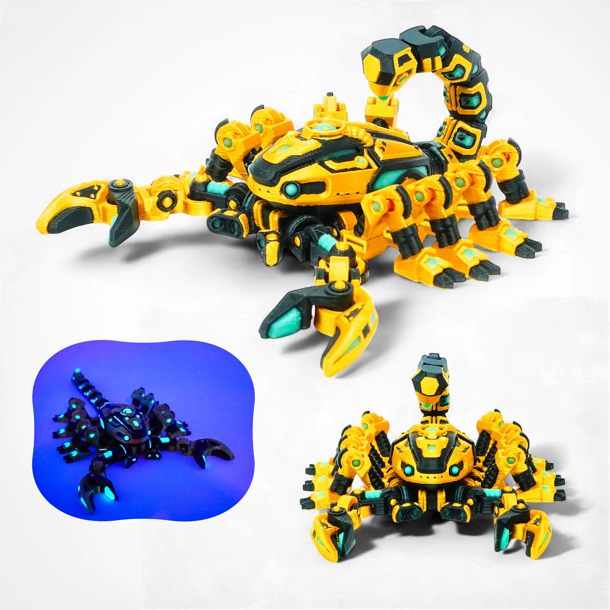 Articulated Glow in the Dark 3d Printed Robot Scorpion – Futuristic Arachnid Hybrid with Neon Glow, Gold Armor, and Smooth Poseable Segments, Perfect for Lore Hunters and Sci-Fi Display Setups