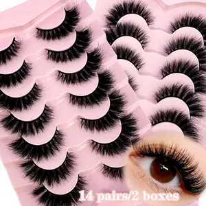 14Pairs/2boxes D Curl Luxurious Fluffy Volume Dramatic Messy Faux Mink False Lashes Reusable,Soft,full  volume  lashes Comfortable