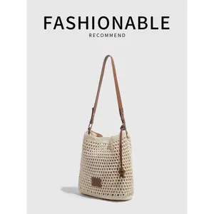 Women Small Cotton Crochet String Bag Handwoven Summer Beach Bag Knitted Vacation Beach Shoulder Bag Purse Handbag