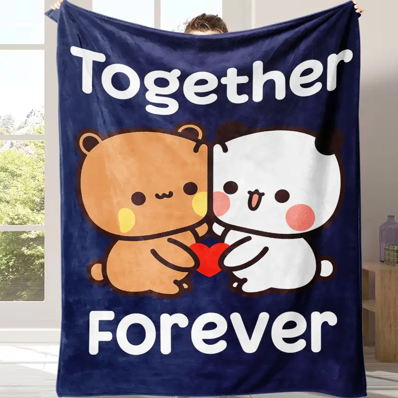 Soft Warm Fluffy Kawaii Bear Panda Red Heart Navy Blue Fleece Throw Blanket - Matching Couple Cartoon Animal Love Letter Print, Oversized Machine Washable for Bed, Sweet Gift for Kawaii Aesthetic Lovers