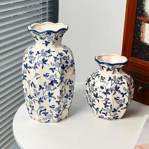 New Traditional Blue and Porcelain Vase, Vintage Floral Pattern Decorative Bottle, Hexagonal Ceramic Flower Arranger, Home Decoration, Vases For Centerpieces