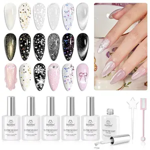 Beetles Glitter Gel Top Coat 8Pcs Holographic Glitter Gel Nail Polish Top Coat Cat Eye No Wipe Top Coat Glossy Sparkly Finish Long Lasting Soak Off U V LED Salon DIY Home Gift for Women Girls
