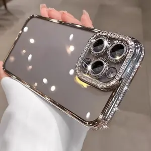 Luxury Shiny Crystal Clear Plating Phone Case for iPhone 11/12/13/14/15/16/17 Pro Max Plus Shockproof with Glitter Camera Lens Protector Back Cover
