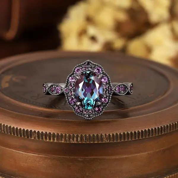 Oval Alexandrite Engagement Ring, Gothic Art Deco Design