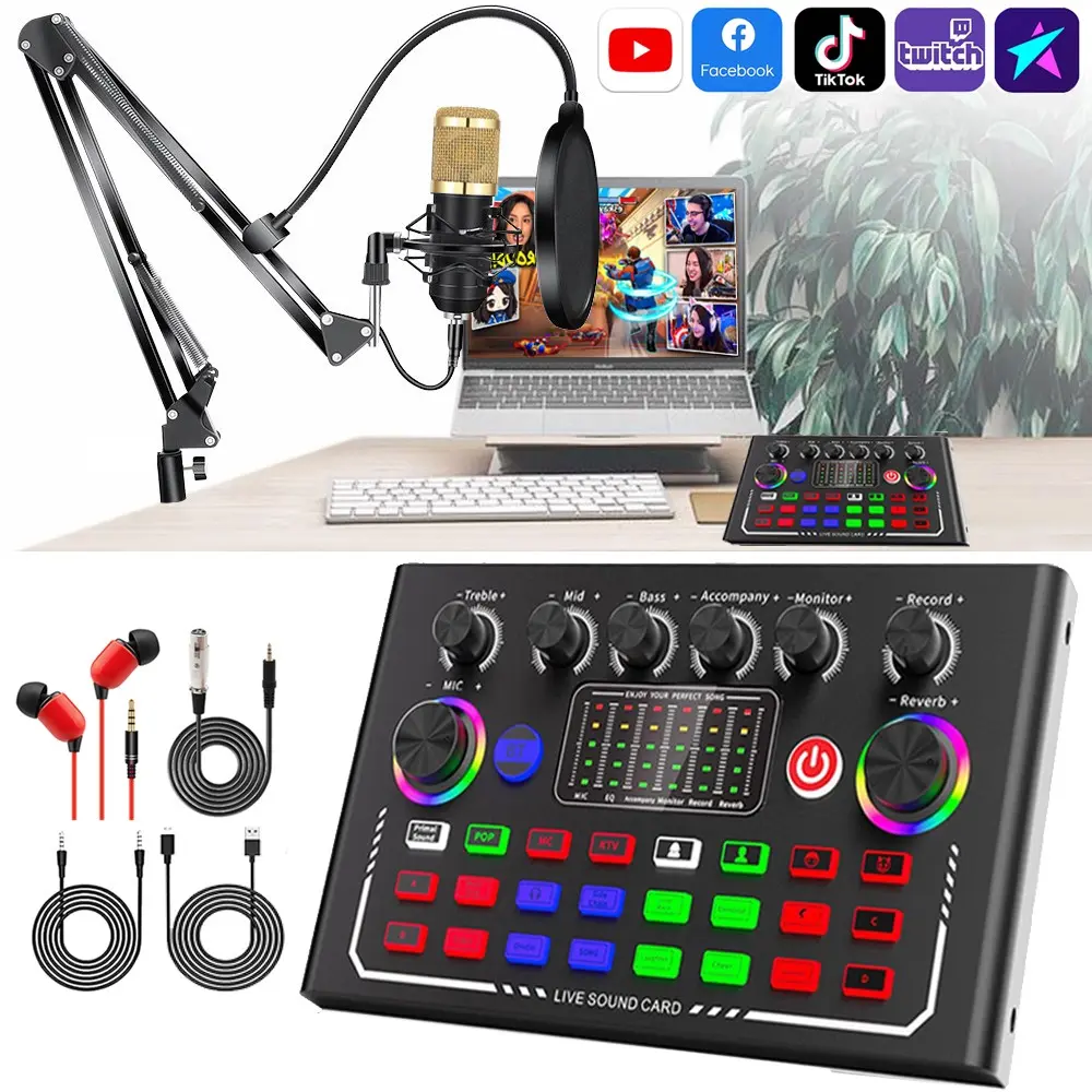 F009 DJ mixer with BM800 microphone kit - professional sound card and voice converter for live podcast games, Streaming Mixer, Podcast Equipment, 10 sound effects, Bluetooth noise reduction, suitable for USB on laptops and iPads, DJ Audio Mixer