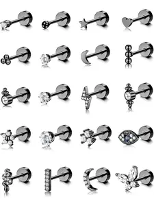 Small 20 Pcs Black Tiny Ear Studs Cute Stainless Steel Stud Earrings for Women Men Trendy 20G Tiny Cartilage Stud Earrings Small Snake Star Moon Ball Butterfly Heart Eye Flower Screw Back Flat Back Stud Earrings Piercing Jewelry Set