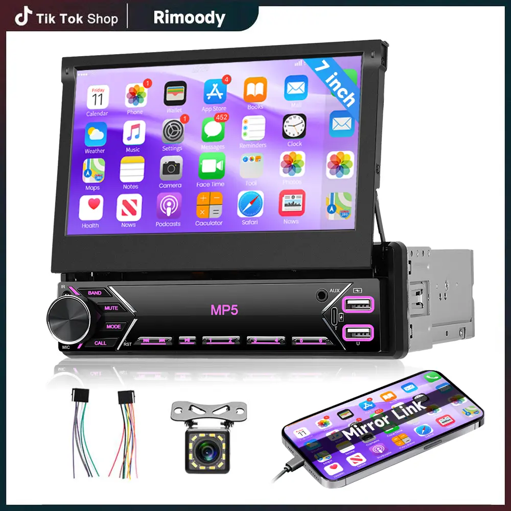 RIMOODY Single Din Flip Out Car Stereo Auto Accessories - 7-Inch Retractable Screen Bluetooth Touch Screen Car Radio with Mirror Link, FM, EQ, USB, Type-C, AUX, SWC, Backup Camera, MP5 Audio Receiver, Car Accessories, Accessories For Car