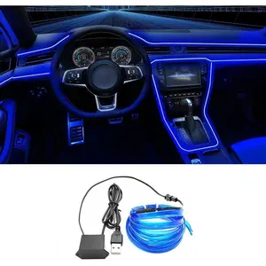 Wire Interior Car LED Strip Lights, 16.5FT USB Neon Glowing Strobing El Wire Strip with 6mm Sewing Edge, Ambient Lighting Kits for Car Inside Decorations (Blue)