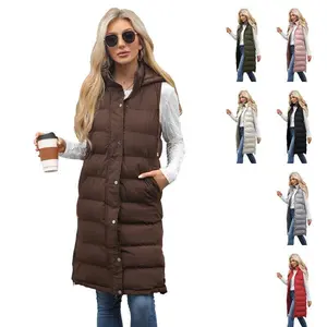 Women's long warm quilted hooded button zipper jacket, autumn and winter sleeveless thick jacket, zipper padded vest jacket, plus size hooded Western down jacket, solid color zipper padded thick jacket