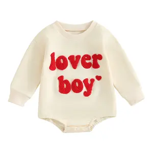 Infant Baby Boys Valentine's Day Sweatshirt Romper Fuzzy Letter Lover Boy Embroidery Long Sleeve Onesie Bodysuit Toddler Clothes