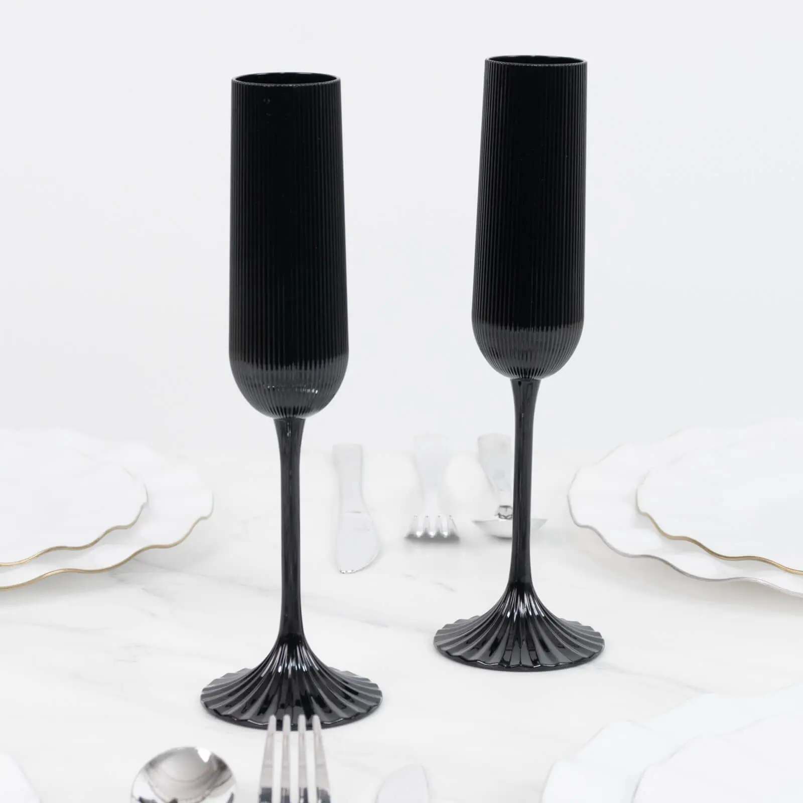 12 Pack Vintage Ribbed Champagne Flutes 4oz Black – Disposable Plastic Toasting Glasses