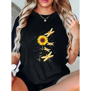 Women's Sunflower & Dragonfly "Choose to Shine" Graphic T - Shirt, Casual Summer Outdoor Daily Top for Ladies, Perfect for Beach, Picnic, Vacation 100% Cotton T-shirt