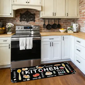 Kitchen Mat, Kitchen Black Background Mat, Kitchen Ingredient Mat, Knife And Fork Mat, Kitchen Utensil Mat, Comfortable Kitchen Standing Mat, Flannel Material Anti-Slip Soft Comfortable Easy to Clean laundry room hallway