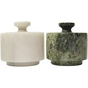 Marble Salt Cellar with Lid 3.5 oz Capacity Kitchen Counter Storage Container White Jungle Green