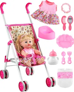 GAGAKU Baby Doll Stroller Playset with 12-inch Doll & Accessories, Foldable Lightweight Toy Stroller for Toddler Girls Kids Ages 1-6, 12" Baby Doll and Accessories Included - Daisies Pattern