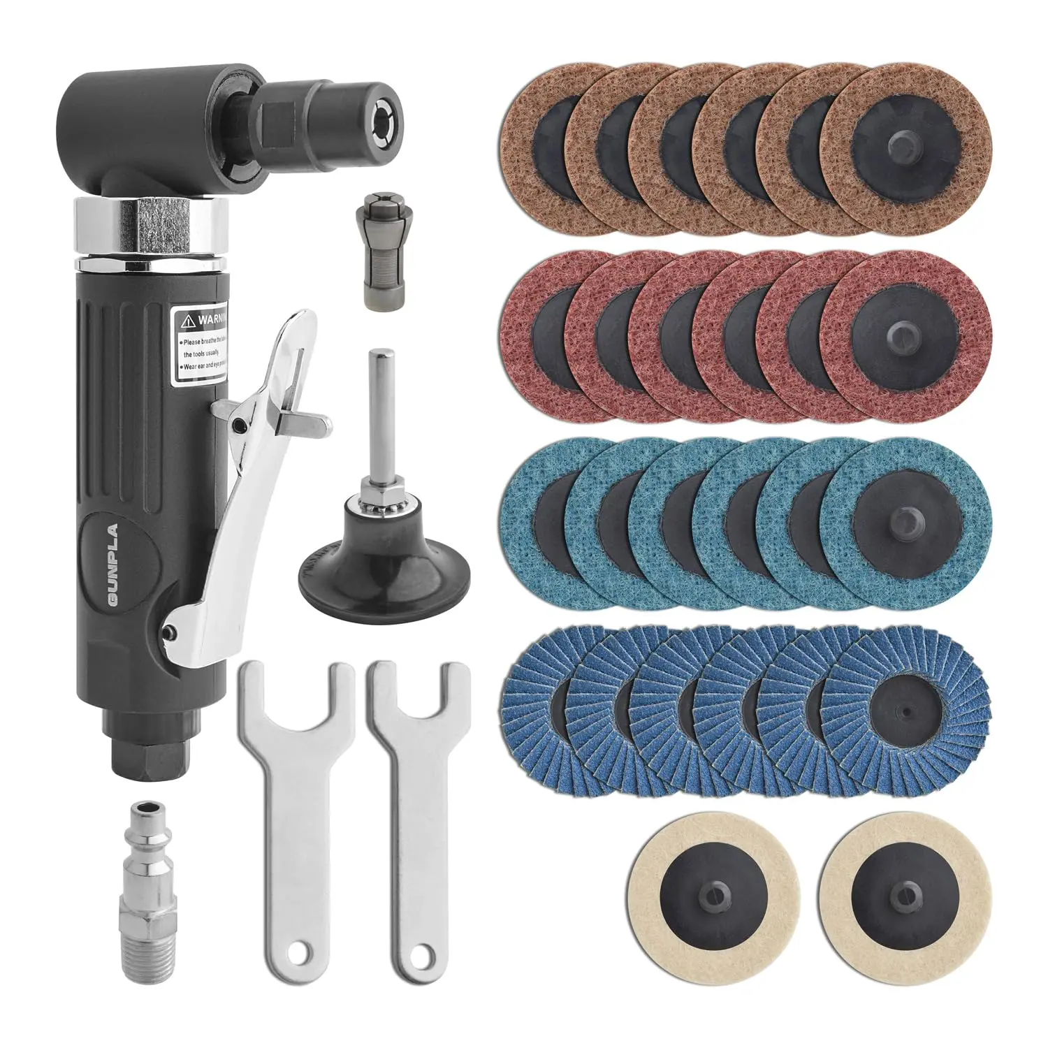 Gunpla Industrial 1/4-in 90° Air Die Grinder Power Tool, 20000 RPM, 26pcs Sanding Discs, Lightweight Aluminum Body, Safety Switch, Grinding Polishing Machine for Welding/Engineering/Casting Tasks, Power Tools Grinders