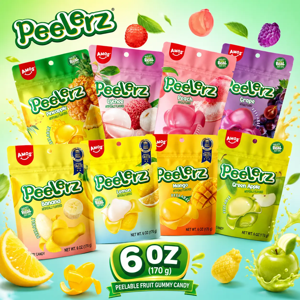 AMOS Peelerz Peelable Gummies 6 OZ, Assorted Fruit Flavored Gummy Candy, Fun Snack Made with Real Fruit Juice AMOS Peelerz Peelable Gummies 6 OZ, Assorted Fruit Flavored Gummy Candy, Fun Snack Made with Real Fruit Juice