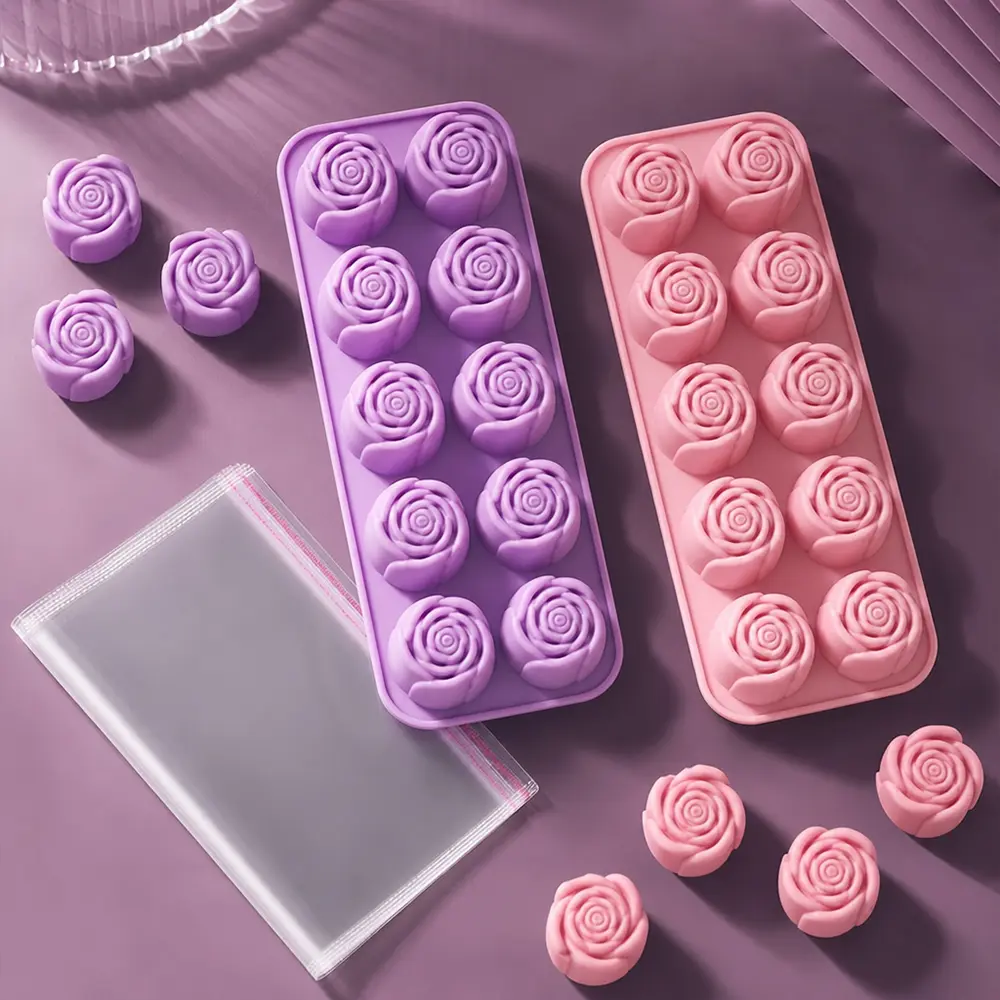 2 Pack Rose Chocolate Mold 10 Cavity | with Bring 50 transparent bags Roses Flower Molds for Chocolate Strawberry, Candy, Ice Cube, Gummy, Cupcake Decora, Candles, Soaps, Wedding Party Gift sohochic