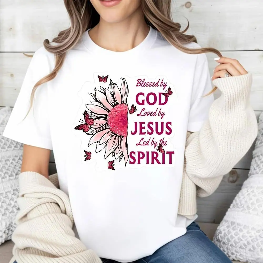 Women's Casual Short-Sleeve Christian Faith Statement T-Shirt - Religious Floral Design, Blessed By God, Loved By Jesus, Led By The Spirit, Spring Summer Top, Gift For Faithful Believers