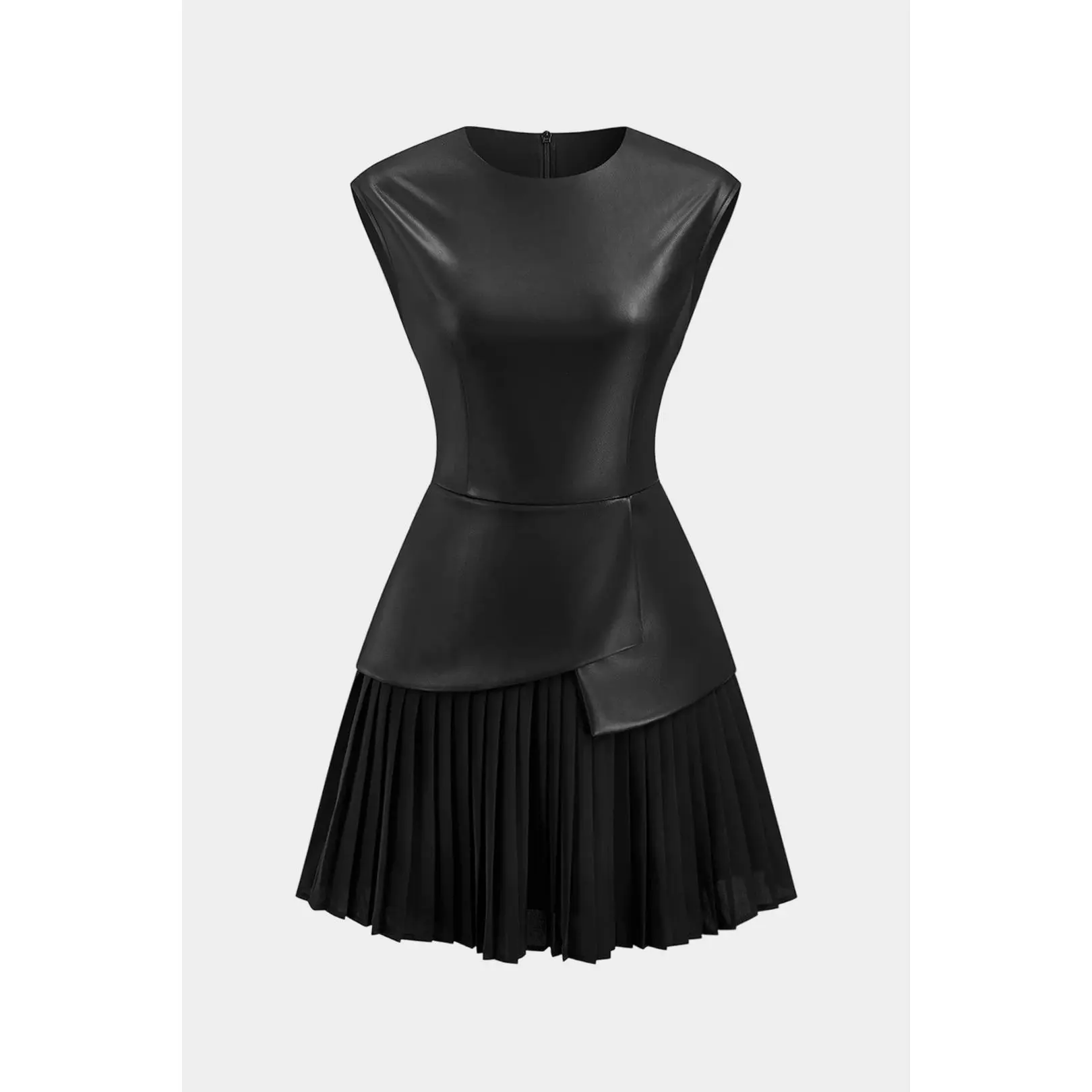Faux Leather Patchwork Pleated Short Sleeve Mini Dress
