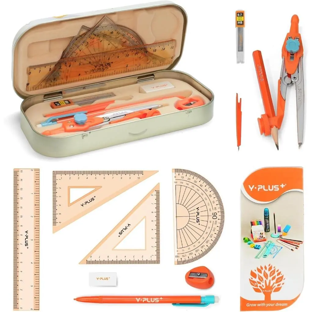 12-Pcs Unisex Comprehensive Math Tool Set for Children Aged 6 and Up, School Office Measuring Supplies Kit with 6in Ruler, Protractor, Compass, 0.5mm Lead Mechanical Pencil, Math Card, Convenient Storage, Christmas Gift