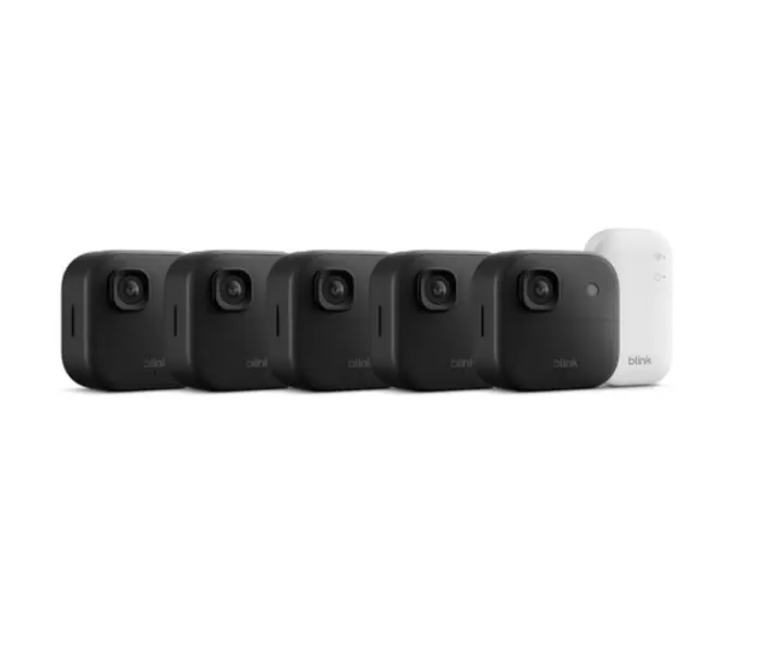 Blink Outdoor 2K+ (newest model) — Wireless smart security camera, 2K video resolution, enhanced audio, two-year battery. Sync Module Core included — 5 camera system (Black)