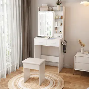 3-in-1 Small Vanity Desk with LED Mirror & Power Outlet, Space-Saving Dressing Table with Hidden Storage & Padded Stool, Makeup Set for Small Bedrooms