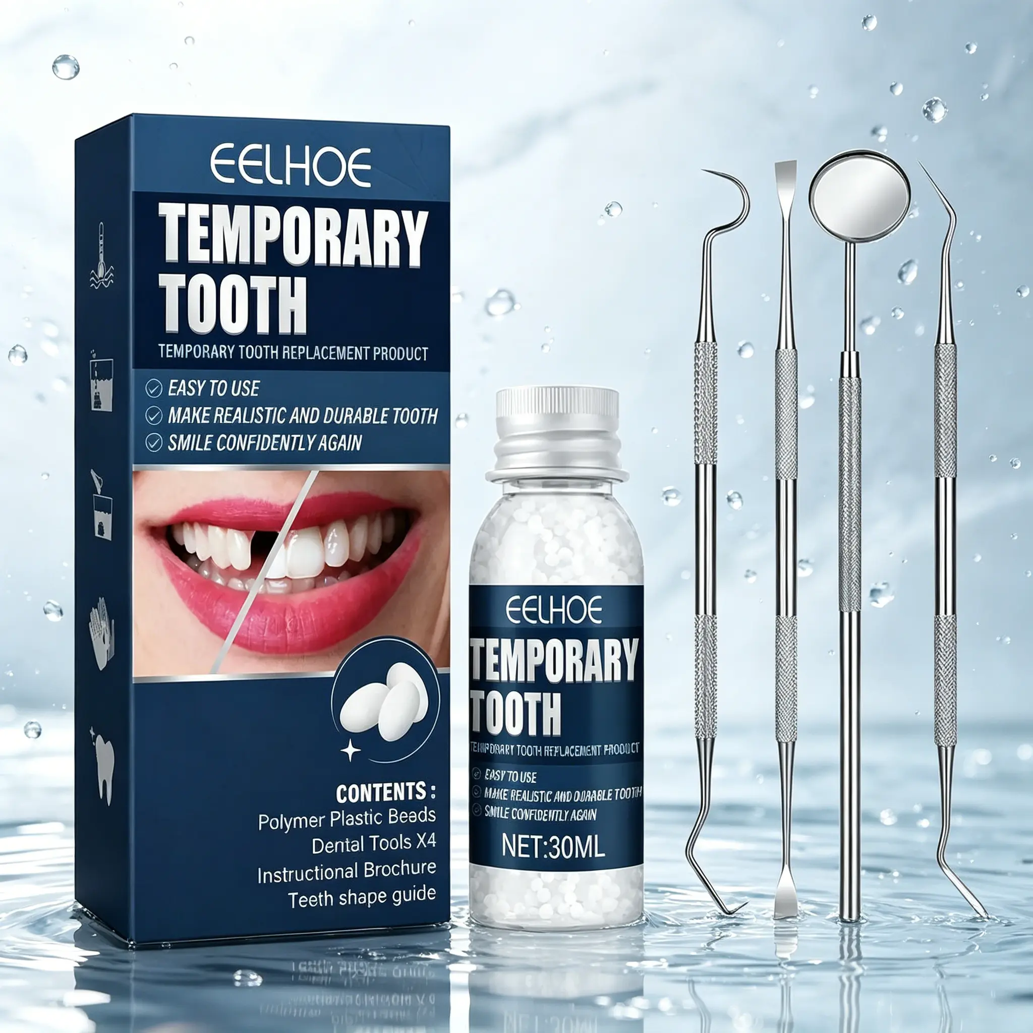 Temporary Tooth Replacement Kit 30ml – Easy to Use, Realistic & Durable – Smile Confidently Again – Complete Kit with Tools – DIY Temporary Tooth Solution