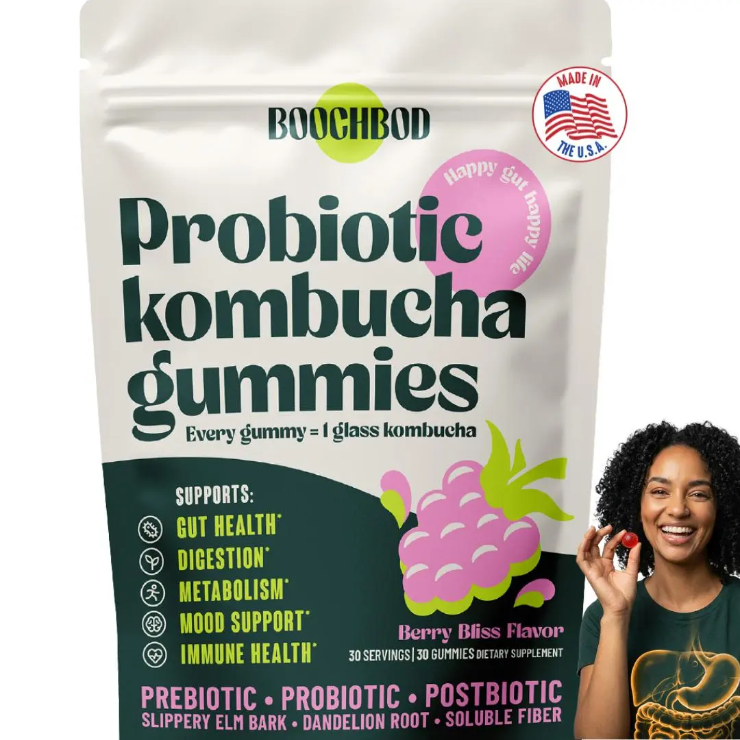 BoochBod Probiotic Kombucha Gummies - Berry Flavored Supplement for Digestive Health & Gut Balance - Daily Dietary Vitamin with Prebiotics, Probiotics, Postbiotics, Slippery Elm, Dandelion Root, MCT Oil, for Bloating, Gut Health
