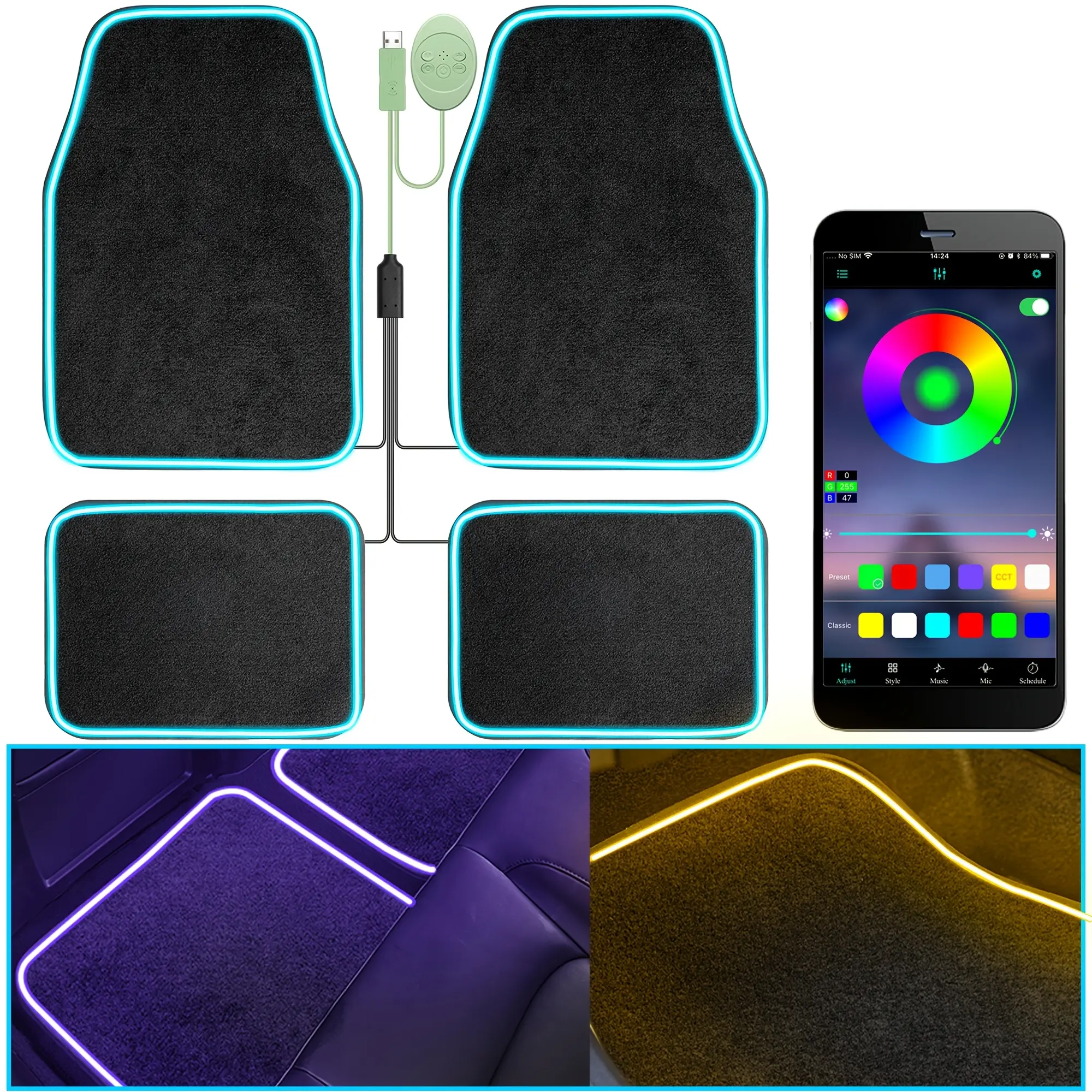 RGB Neon Floor Mat Lights - Car Interior Accessory, App-Controlled Modern Glow Kit, Waterproof, Anti-Slip Grip, Easy Install, Universal Fit for SUV, Truck, Sedan (Car Show Ready, Ideal for Night Drive)