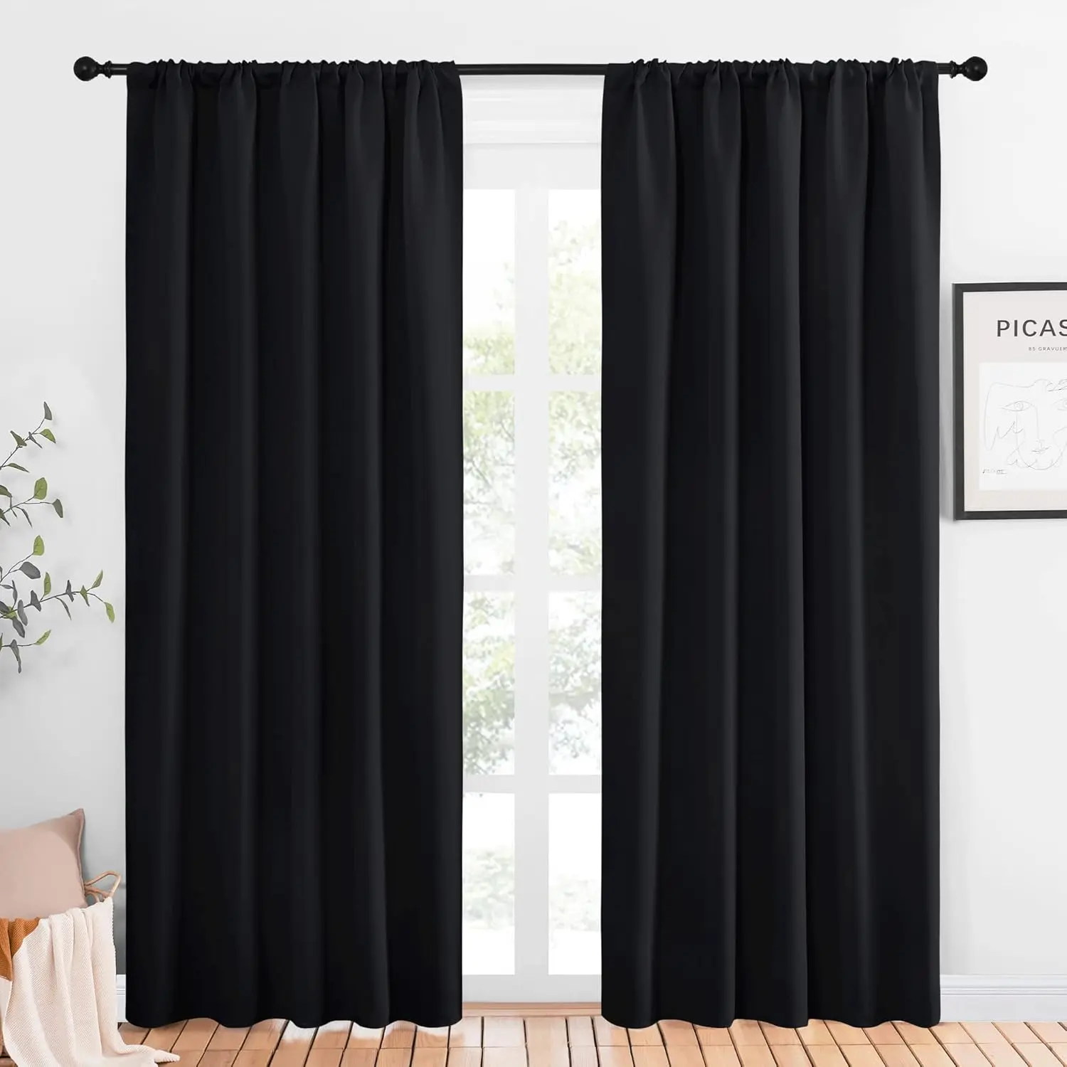 NICETOWN Living Room Blackout Shades - All Season Rod Pocket Thermal Insulated Solid Blackout Curtains/Drapes for Living Room (Set of 2, 42 inches by 84 Inch, Black)