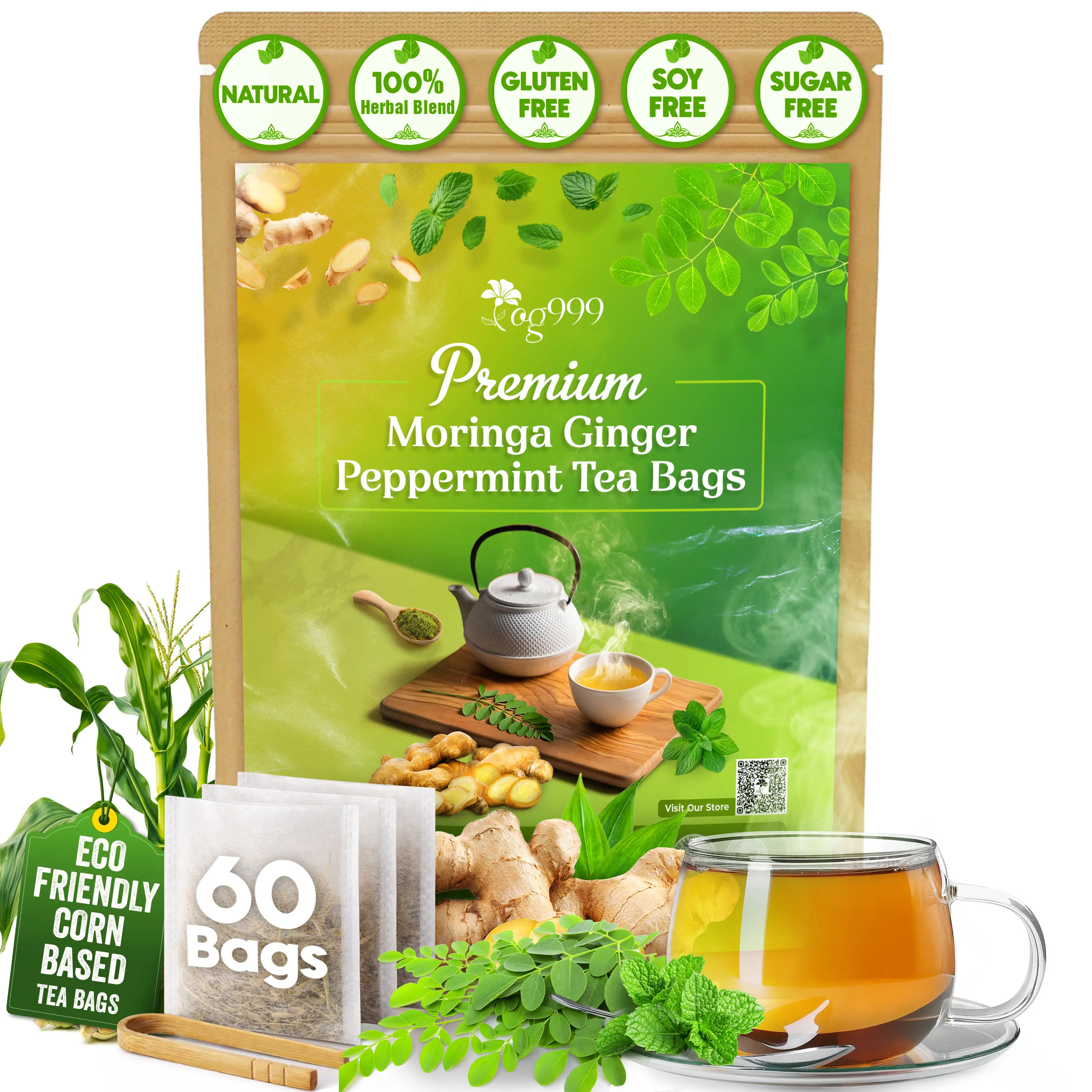 TOG999, Premium Moringa Ginger Peppermint Herbal Tea – 60 Tea Bags – Caffeine-Free, Plant-Based, Non-GMO, Naturally Refreshing Flavor, No Artificial Additives, No Sugar, No Gluten. Vegan
