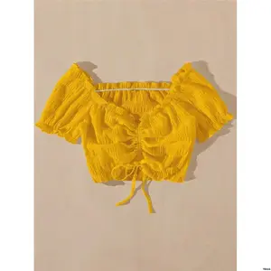 ShortSleeveTops BreezayaDrawstringFrontFrillTrimCropBlouse
