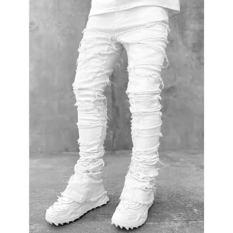 Menswear White Jeans for Men - Stretched Denim Fabric, Patchwork Look, Tassel, Damaged Details, Full-Length Hip-Hop Streetwear Pants, Hip-Hop Pants