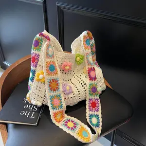 Casual style woven tote bag for women, spring and summer hollow-out simple knitted bag, large capacity beach vacation shoulder bag