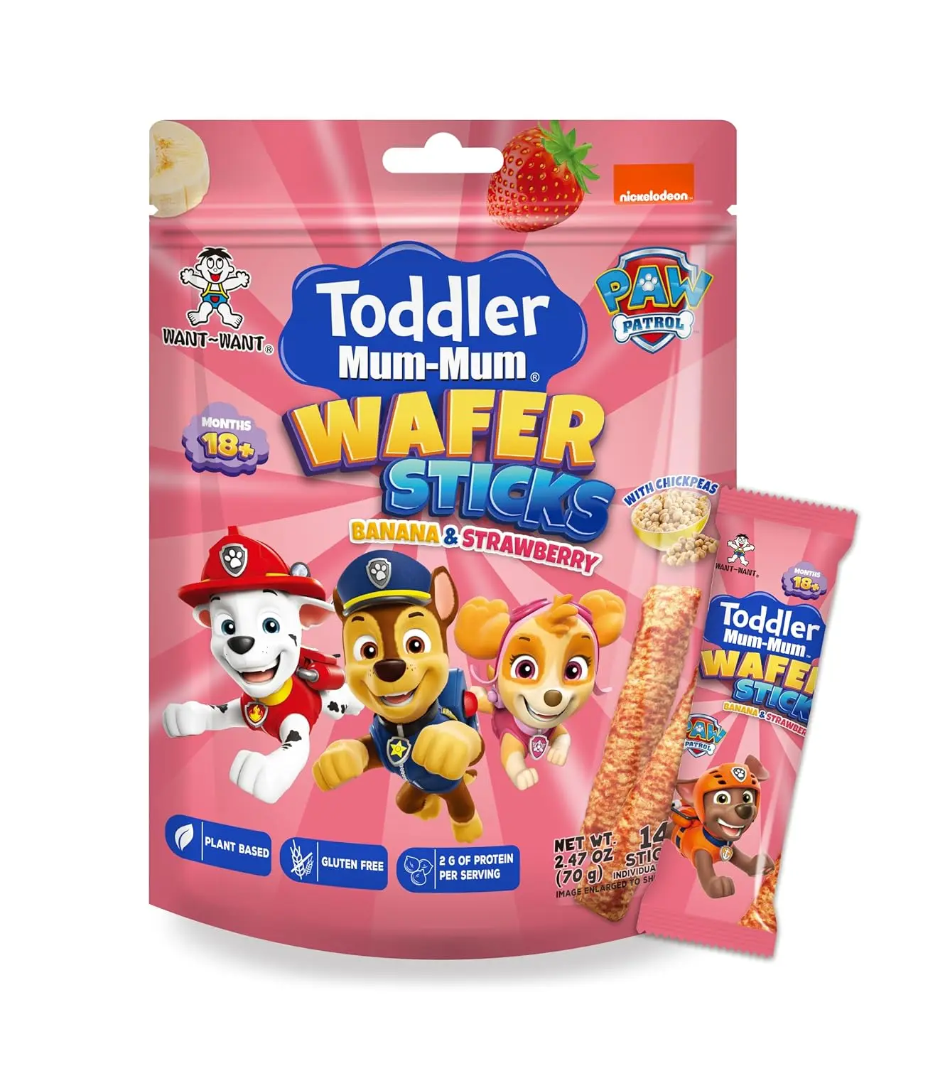 WANT~WANT Toddler Mum-Mum wafer sticks, gluten-free, [6-pack], 70 g per pack, contains 14 pieces, snack cookies (banana strawberry flavor/cheese flavor)