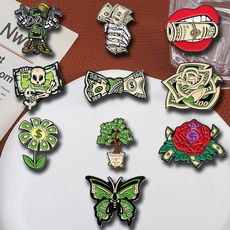 10-Piece Punk Skulls Zinc Alloy Green Dollar Brooches - Fashion Accessory for Men/Women Daily Wear, Clothing Collar Clips, Necklaces, Bag Charms, Glove Clips, Glove Clip