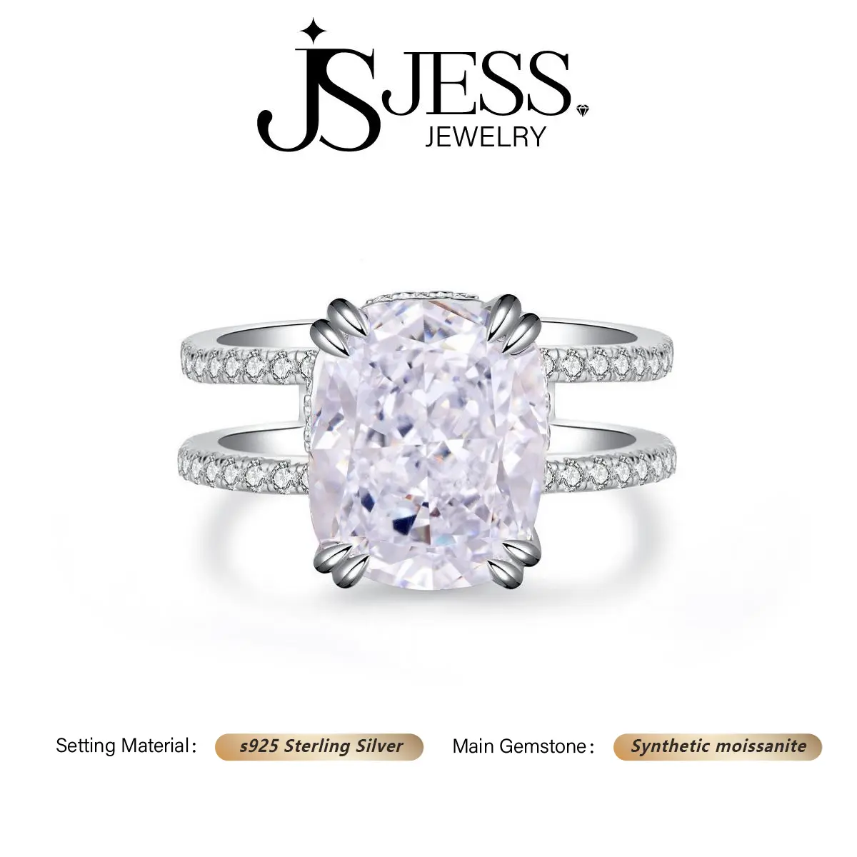 Female Adults' Size 8 S925 Sterling Silver Double Band Cushion Cut Moissanite Ring, 5ct D Color VVS1 Clarity Real Synthetic Gemstone Jewelry for Daily Wear