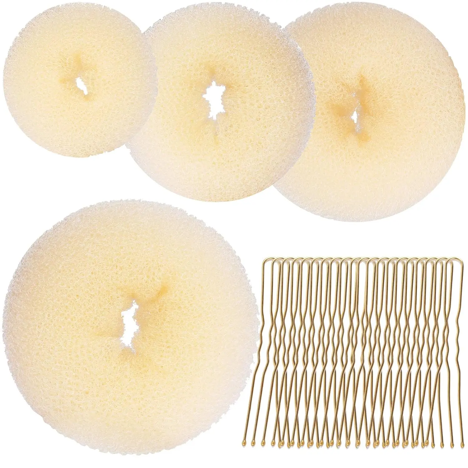 Teenitor 4pcs Hair Bun Shaper Set with Extra-large, Large, Medium, Small Donut Hair Bun Maker, 20pcs Large Bobby Pins, Gold Haircare Heatless