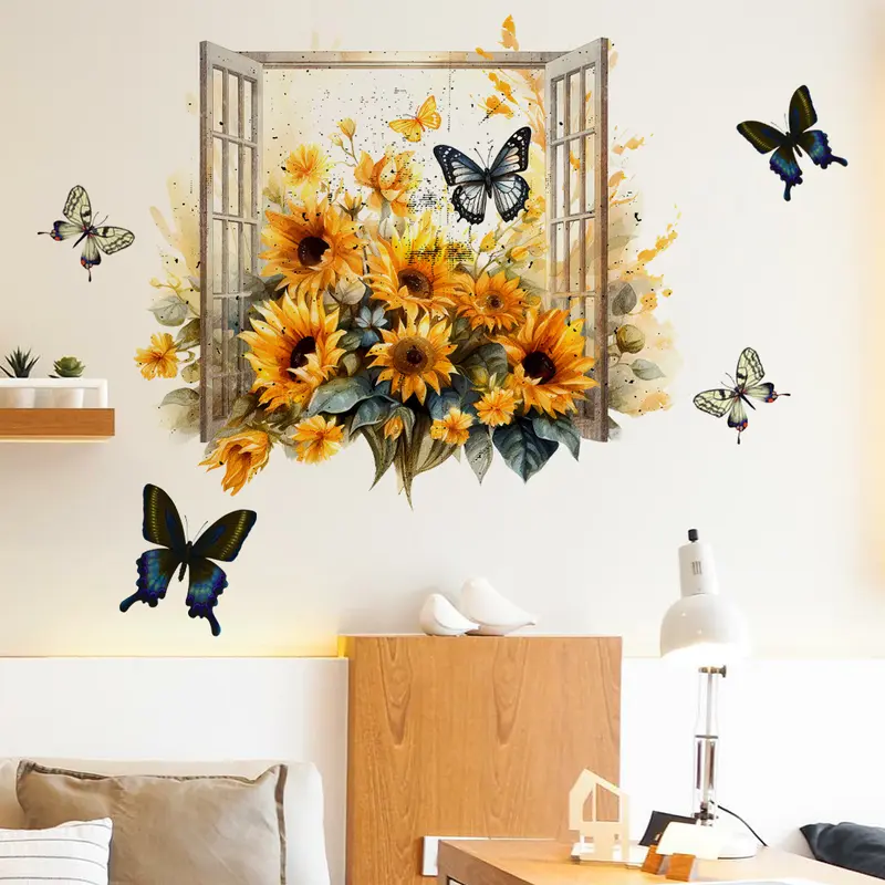 A set (30*40cm) of sunflower, flower and butterfly wall stickers Adhesive Stickers to beautify home, bathroom, refrigerator, living room, bedroom and corridor background walls, Decorative Wall Sticker, M20289