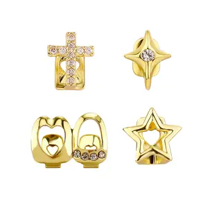 18K Gold Plated Teeth Grillz Single Cap Crown Hip Hop Mouth Grills with Adhesive Beads Party Accessories for Men Women Versatile Halloween Ornaments